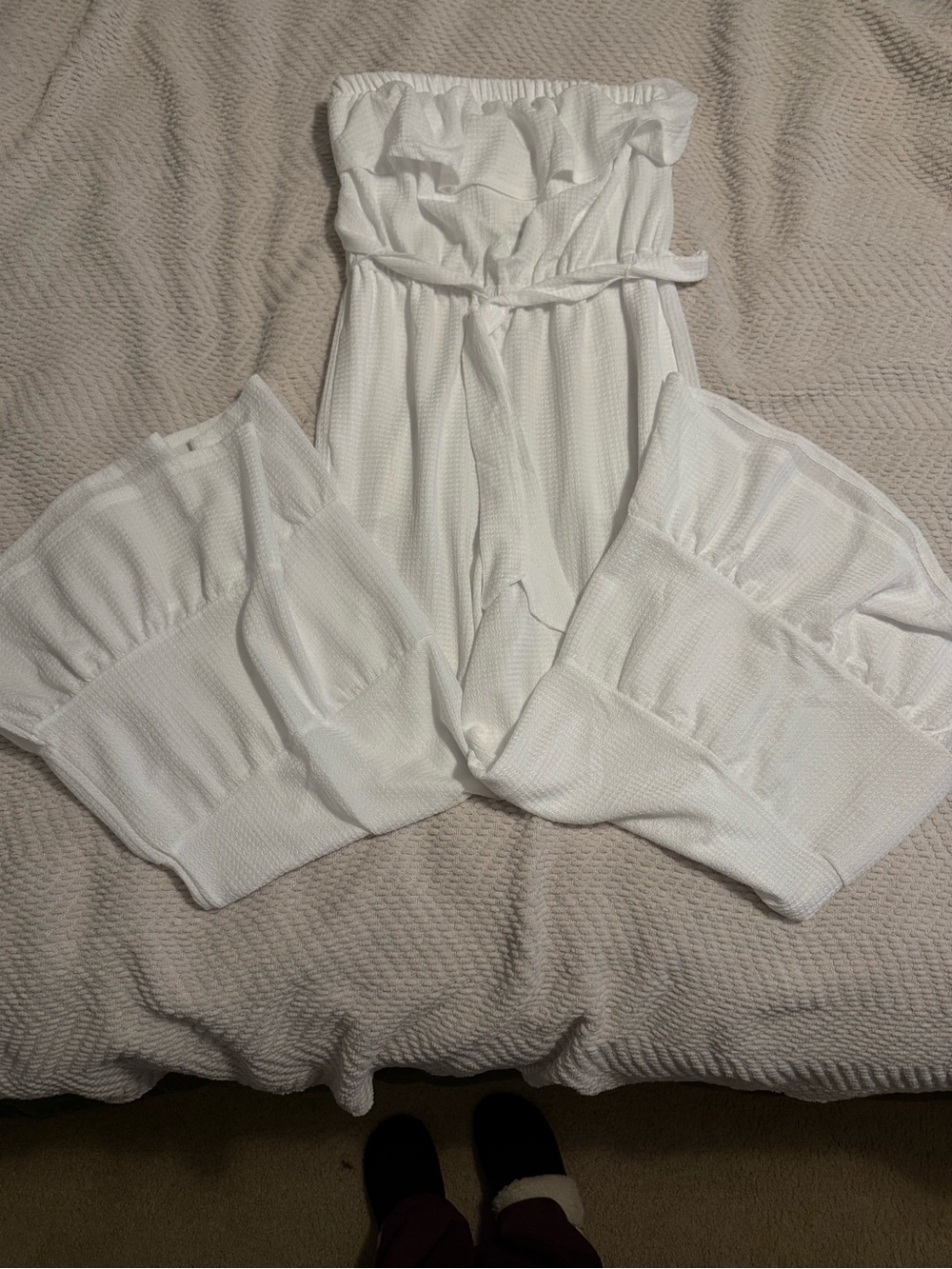 Cato White Strapless Ruffle Waist-Tie Jumpsuit